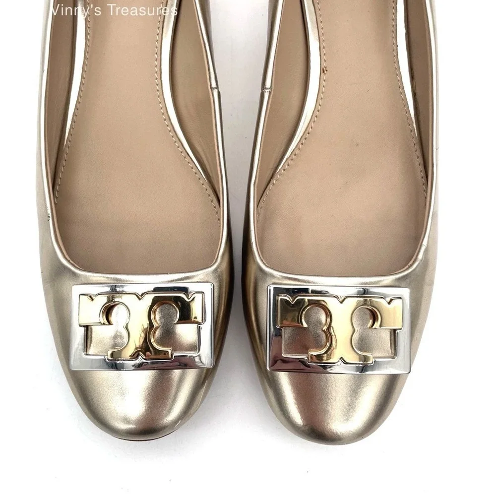 Tory Burch Gigi Block Heel Pumps Metallic Gold Leather Logo Shoes Women's 8M